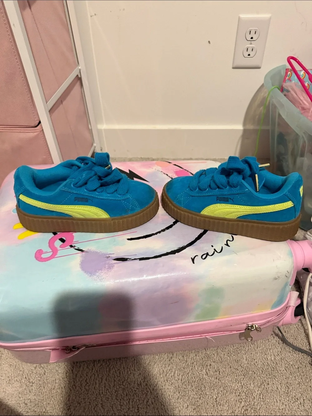 Puma Kids Blue Suede Sneakers with Yellow Stripe and Gum Sole